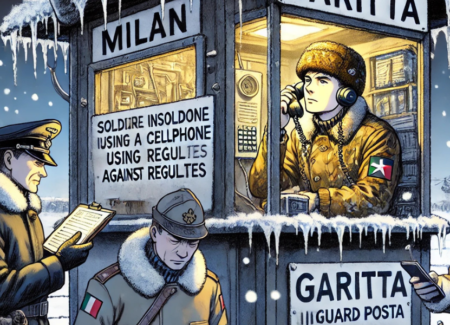 Scena in stile anime raffigurante un controllo militare invernale a Milano: due ispettori scoprono un soldato intento a usare un cellulare all'interno di una garitta. L'immagine cattura il freddo pungente con elementi come la neve, il respiro visibile e le uniformi adatte al clima rigido, sottolineando la serietà della violazione