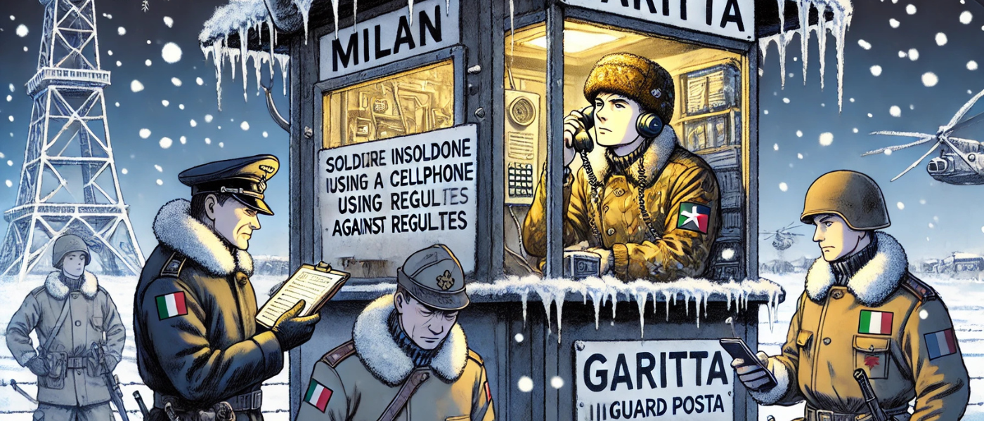 Scena in stile anime raffigurante un controllo militare invernale a Milano: due ispettori scoprono un soldato intento a usare un cellulare all'interno di una garitta. L'immagine cattura il freddo pungente con elementi come la neve, il respiro visibile e le uniformi adatte al clima rigido, sottolineando la serietà della violazione