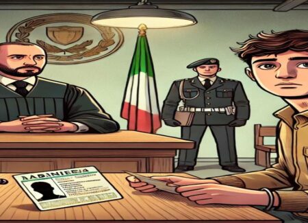 Illustrazione in stile cartoon di una scena di tribunale italiano con un imputato straniero dall'aria incerta, un giudice al banco e un carabiniere in uniforme che tiene documenti di identificazione. La scena rappresenta le difficoltà affrontate da chi non conosce il sistema giuridico italiano e sottolinea l'importanza di una comunicazione chiara durante i procedimenti legali. L'immagine richiama l'omessa notifica e difesa dell'imputato così come descritto nell'articolo dello Studio Legale Zampaolo.