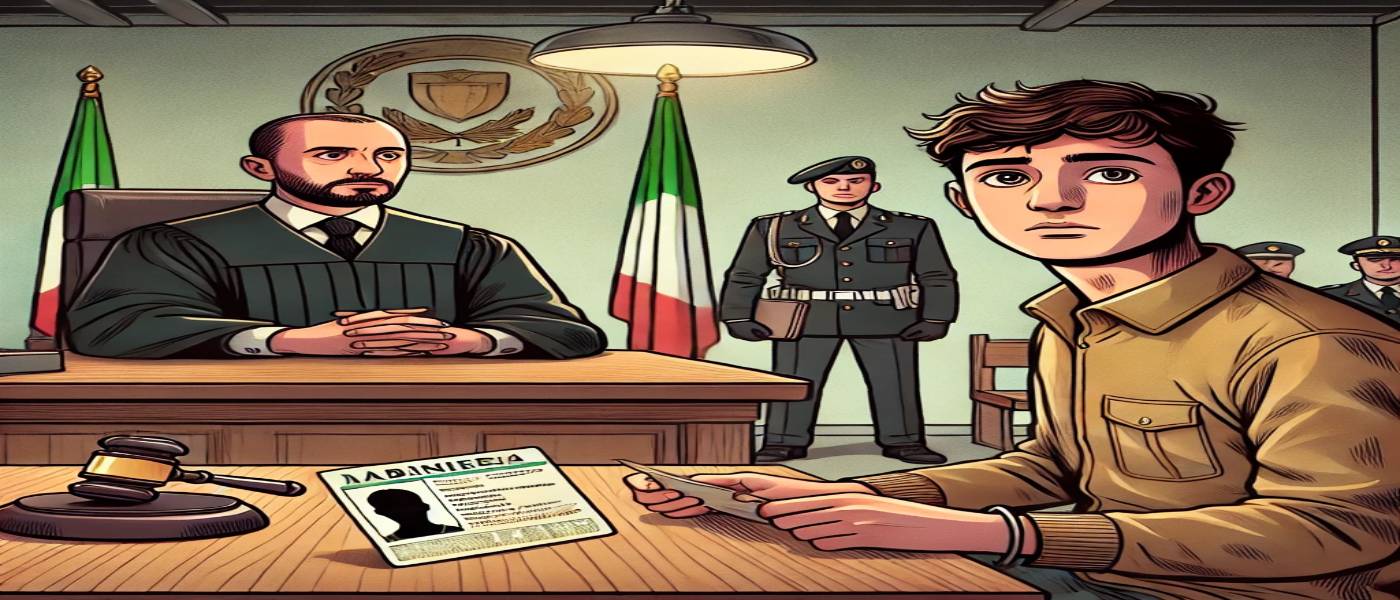 Illustrazione in stile cartoon di una scena di tribunale italiano con un imputato straniero dall'aria incerta, un giudice al banco e un carabiniere in uniforme che tiene documenti di identificazione. La scena rappresenta le difficoltà affrontate da chi non conosce il sistema giuridico italiano e sottolinea l'importanza di una comunicazione chiara durante i procedimenti legali. L'immagine richiama l'omessa notifica e difesa dell'imputato così come descritto nell'articolo dello Studio Legale Zampaolo.