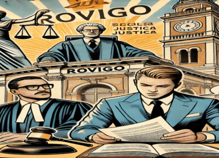 Illustrazione in stile fumetto ambientata nel Tribunale di Rovigo, raffigurante un giudice e un avvocato durante la discussione del caso del Tribunale di Rovigo, legato all’abolitio criminis e alla continuità normativa tra art. 346 e 346 bis del codice penale, argomento trattato dallo Studio Legale Zampaolo