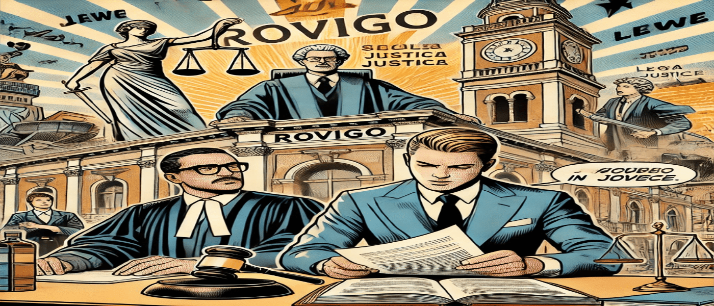 Illustrazione in stile fumetto ambientata nel Tribunale di Rovigo, raffigurante un giudice e un avvocato durante la discussione del caso del Tribunale di Rovigo, legato all’abolitio criminis e alla continuità normativa tra art. 346 e 346 bis del codice penale, argomento trattato dallo Studio Legale Zampaolo