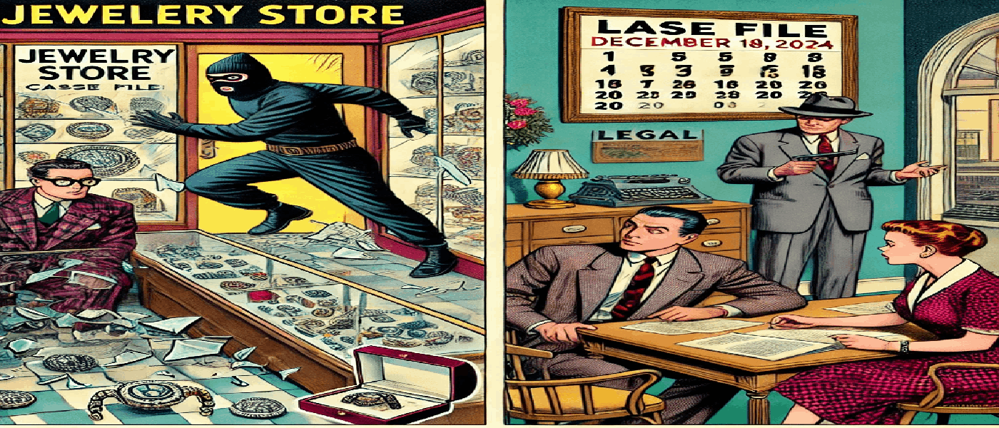 L'immagine rappresenta una scena illustrata in stile fumetto anni '50, creata per accompagnare l'articolo pubblicato sul sito studiolegalezampaolo.it, riguardante un caso di furto pluriaggravato e riciclaggio avvenuto a Capodanno e trattato dalla Corte di Cassazione. è creata per il Sito dell'Avvocato Niccolò Zampaolo. La scena è divisa in due parti: A sinistra, una rappresentazione dinamica del furto in una gioielleria. Si vede una vetrina con il vetro infranto, gioielli sparsi sul pavimento, e una figura mascherata che fugge con una borsa. L'atmosfera è movimentata e drammatica, con dettagli che suggeriscono l'azione appena conclusa. A destra, un'ambientazione più composta: un ufficio legale in stile vintage. Un avvocato, vestito in un classico completo anni '50, consulta due clienti preoccupati (un uomo in giacca a quadri e una donna con abito a pois), mostrando un documento etichettato "CASE FILE". Sullo sfondo si notano una libreria piena di tomi legali, una macchina da scrivere, e un calendario che segna la data "18 dicembre 2024", richiamando la pubblicazione della sentenza.