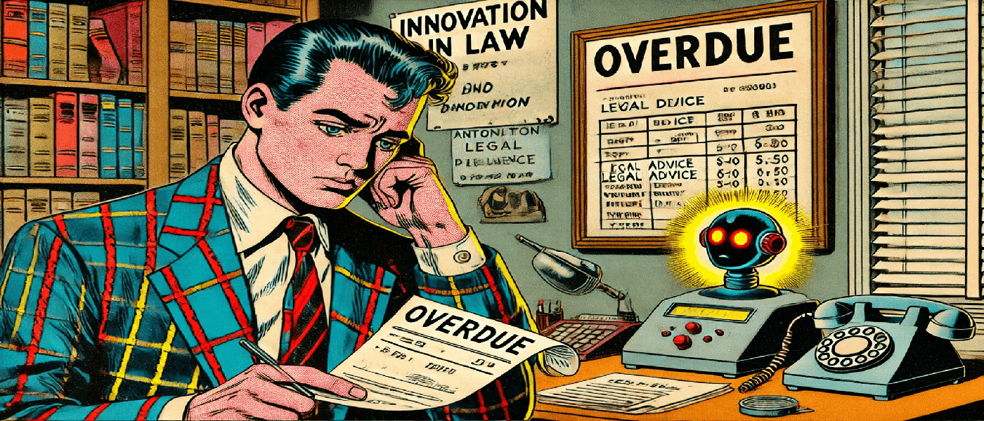 In un'illustrazione vintage anni '50, un giovane praticante avvocato affronta la pressione delle difficoltà economiche nel suo modesto studio legale. Vestito con un completo a quadri leggermente logorato, tiene tra le mani una bolletta contrassegnata come "Scaduta". Sullo sfondo, un poster sbiadito intitolato "Innovazione nella Legge" riflette il contrasto tra tradizione e modernità, mentre un dispositivo futuristico di intelligenza artificiale fluttua accanto a lui, offrendo soluzioni legali. La scena rappresenta simbolicamente le sfide e le opportunità dell'evoluzione tecnologica nel settore legale, un tema approfondito dallo Studio Legale Zampaolo nel suo ultimo articolo.