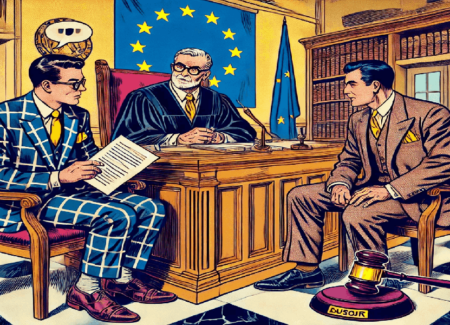 Una scena di tribunale in stile vintage anni '50. Al centro, un giudice con occhiali e martelletto esamina con attenzione un fascicolo. Alla sua sinistra, un avvocato in giacca a quadri vintage sta illustrando con passione le problematiche relative al mandato di arresto europeo, concentrandosi sul principio di proporzionalità. A destra, un uomo preoccupato (Tizio) siede accanto al suo legale, che lo rassicura sul rispetto dei suoi diritti. La scena richiama i punti trattati nell’articolo dello Studio Legale Zampaolo, che analizza la recente sentenza 90/2025 della Cassazione. Lo sfondo, con una bandiera dell’Unione Europea e scaffali di libri giuridici, sottolinea il tema della cooperazione giudiziaria europea.