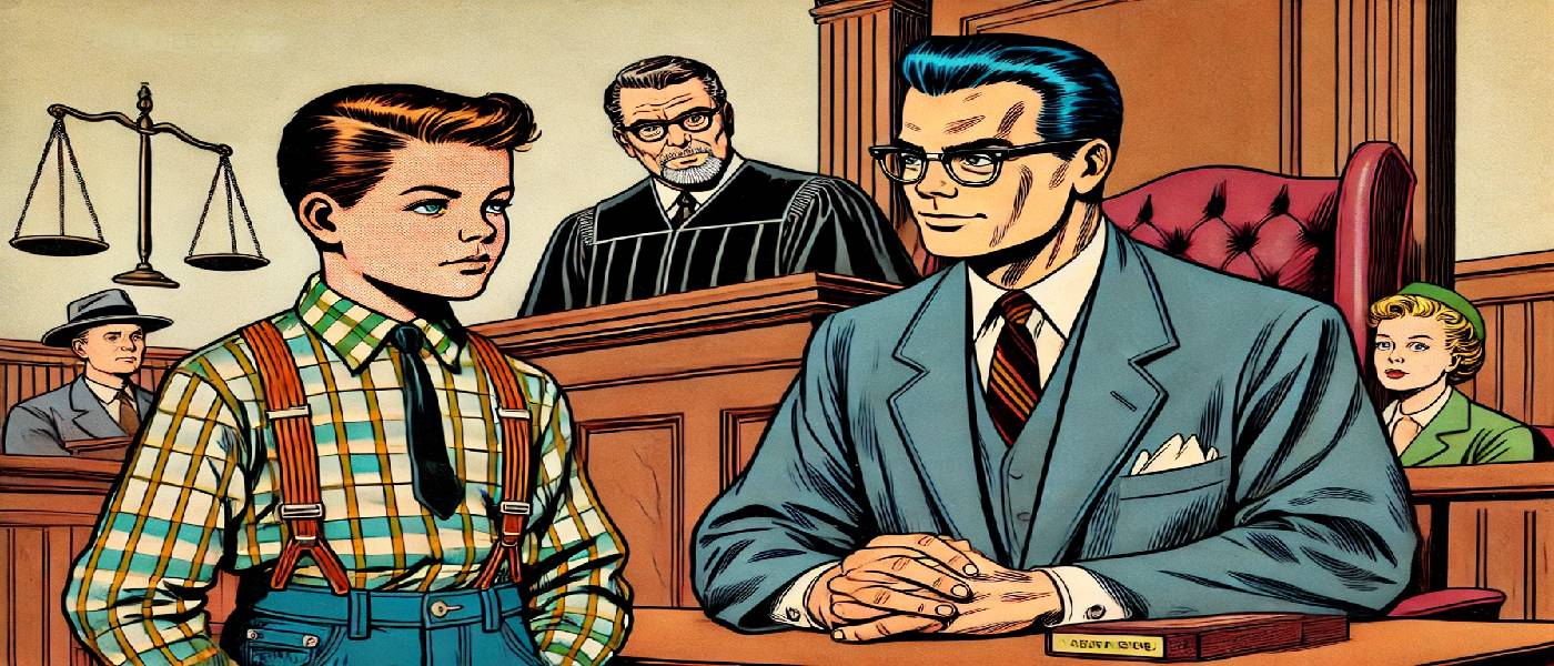 Questa illustrazione in stile vintage anni '50 rappresenta perfettamente il concetto di messa alla prova minorile, come descritto nell'articolo dello Studio Legale Zampaolo. La scena si svolge in un'aula di tribunale, dove un giovane imputato, vestito con abiti dell'epoca, è affiancato dal suo avvocato mentre il giudice gli illustra la possibilità di accedere alla misura alternativa. Lo sguardo serio ma comprensivo del magistrato riflette l'obiettivo della messa alla prova: offrire al minore un'opportunità di riabilitazione attraverso attività socialmente utili, evitando così le conseguenze di un procedimento penale. Sullo sfondo, i genitori osservano con apprensione, sottolineando l'importanza del sostegno familiare nel percorso di recupero del giovane. L'ambientazione classica, con il banco del giudice e i libri di legge, enfatizza il contesto giuridico in cui questa misura viene applicata, rendendo l'immagine perfettamente coerente con il tema trattato dallo Studio Legale Zampaolo.