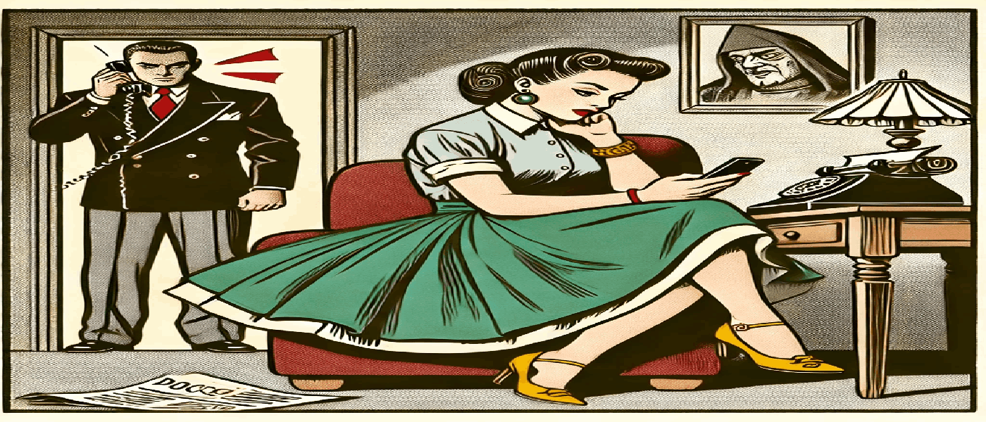 Una vignetta in stile retrò anni '50 che ben si adatta all'articolo dello Studio Legale Zampaolo sulla violenza sessuale senza contatto fisico. L’immagine rappresenta una donna in abiti vintage (gonna a quadri, camicetta) con un’espressione turbata mentre tiene uno smartphone, simbolo della coercizione subita a distanza. Sullo sfondo, un’ombra minacciosa di un uomo al telefono, evocativa della pressione psicologica. secondo l’art. 609-bis c.p., la violenza sessuale è configurabile anche senza contatto fisico, se vi è costrizione o minaccia. Colori vivaci, linee nette e dettagli d’epoca rafforzano l’atmosfera vintage e il messaggio giuridico chiaro.